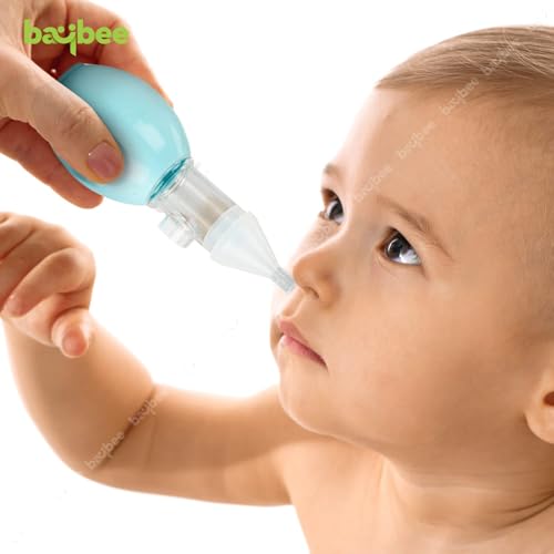 Image of Baybee Newborn Silicone Nose Cleaner - 100% Safe and Reusable U-Shaped Nasal Aspirator for Infants and Kids, Pump-Type Bulb Syringe for Gentle Mucus Removal (Blue)