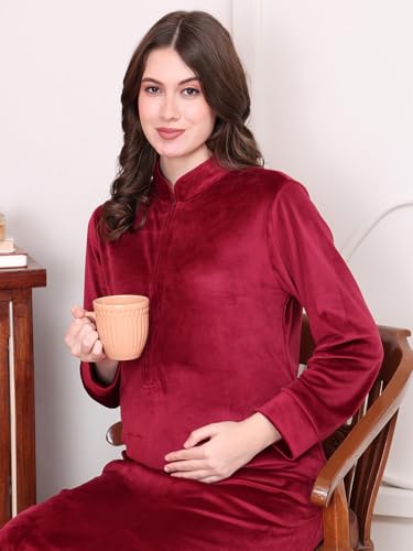 Image of Secret Wish Solid Velvet Maternity Nighty Full Length