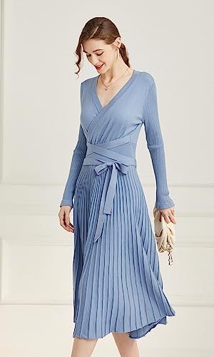 Image of Women's Long Sleeve Sweater Dress Ankle Length Fall Dress Vneck Knit Winter Dress