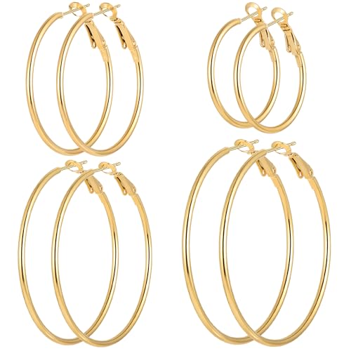 4 Pairs Gold Plated Hoop Earrings for Women Lightweight Hypoallergenic Gold Plated Hoops Stainless Steel Hoop Earrings Loop Earrings Set