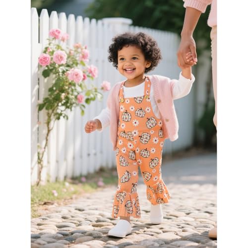 Noubeau Toddler Baby Girls Halloween Outfit Pumpkin Dot Suspender Romper Jumpsuit Bell-Bottom Pants Fall Girl Clothes4