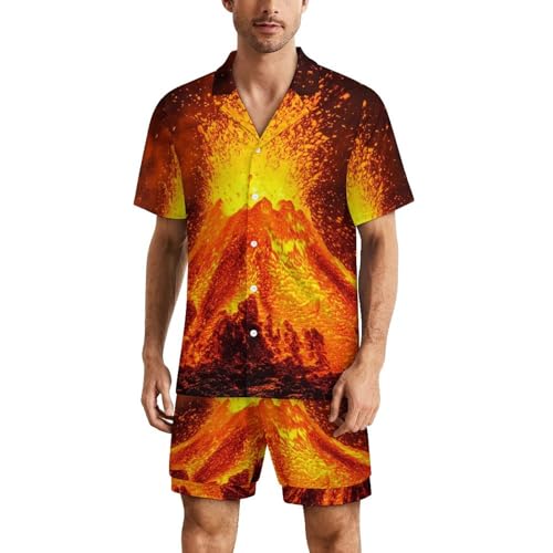 Super Volcano Mens Pajamas Set Short Sleeve Shirt And Shorts Sleepwear PJ Sets Loungewear