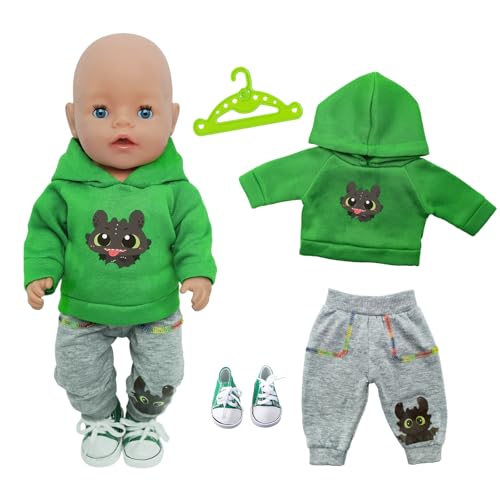 Vêtements de poupée 30-45 cm Vêtements pour poupées nouveau-nés Contient 1 sweat à capuche vert, 1 pantalon gris, 1 paire de chaussettes, 1 cintre pour poupées de 12 à 18 pouces Accessoires pour