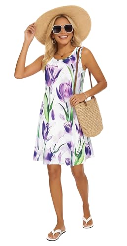 Image of Summer Dresses for Women 2026 Casual Sundresses Beach Cover Ups Sleeveless Tshirt Swing Dress with Pockets
