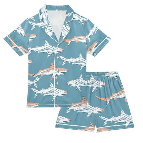 ALAZA Striped Shark Pajamas Satin Pajama Set Short Sleeve Button Down Sleepwear