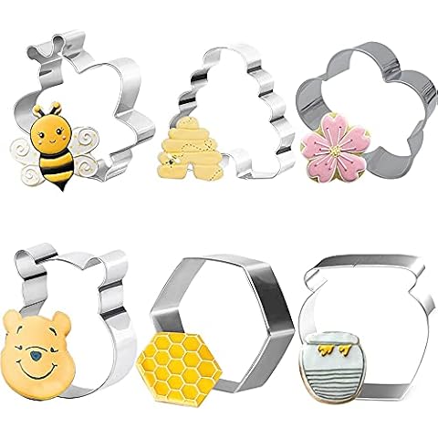 kukifun 6 Pcs Bee Cookie Cutter Set, Bee, Beehive, Honey Jar, Winnie the Pooh, Flower, Biscuit Cutters for Honey Bee Party, holiday Making Muffins, Biscuits, Sandwiches Fondant Decorations Cover