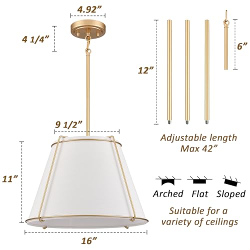 Image of 3-Light Gold Cone 16 inch Pendant Light Fabric Drum Shade with Metal | White and Gold Chandeliers, Sloped Ceiling Compatible for Kitchen Dining Room Living Room Bedroom