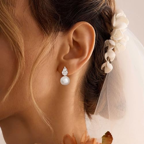Pearl Earrings For Women,14K Gold/Silver Plated Formal Bridesmaid Bridal Wedding Earring Hypoallergenic Silver Pearl Drop Stud Earring Gold Earrings For Women Trendy Wedding Jewelry3