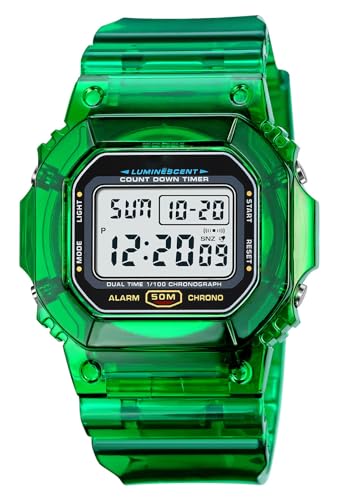 Gosasa Reloj digital cuadrado transparente para mujer y hombre, cronógrafo, cuenta regresiva, doble hora, resistente al agua, B verde