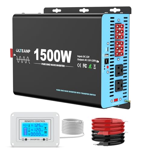 2500W Pure Sine Wave Power Inverter with Transfer Switch, 12V DC to 120V AC Converter, Auto Switch to Shore Power, 5000W Peak, Remote LCD Controller, USB & Type-C for RV, Truck, Off-Grid Use