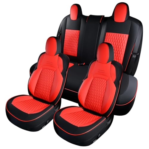 Image of Coverado Car Seat Covers for 2017-2023 Tesla Model 3, Car Seat Covers Full Set 5 Seater, Leatherette Car Seat Covers Front Seats and Back Custom for Tesla Model 3 BlackRed