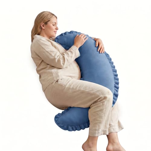 Moon Body Pillow for Side Sleepers Crescent Pregnancy Pillow Alternative Compact Belly & Leg Support Pillow Soft Plush Even Fill Washable Cover (Blue 31.49 * 11.81 * 4.72in)