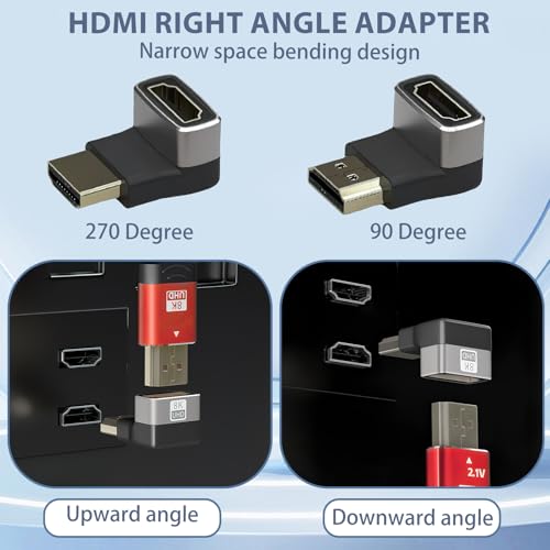MxyVrix 2 Piezas Adaptador HDMI en Ángulo Recto 8K, Conector HDMI Macho a Hembra 2.1, Adapatador HDMI con Ángulo de 90 y 270 Grados Macho a Hembra Compatible con 8K@60Hz, 4K@120Hz para TV, Portátil - imagen 3