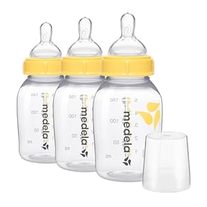 Medela Slow Flow Feeding & Storage Bottles, 3 Pack of 5 Ounce Bottle with Nipple, Lids, Wide Base Collars, and Travel Caps, Made Without BPA