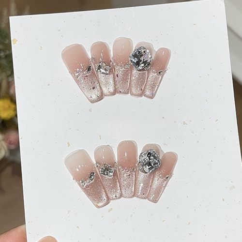 PIKNEW ネイルチップ 3D ロング 人気 韓国 夏 青 春秋冬 ショート 付け爪 可愛い つけ爪 人気 3D おしゃれ 入学式 卒業式 成人式 結婚式 地雷系ラインストーンキャッツアイ 10枚入おしゃれ (M,A)