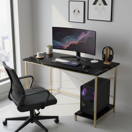 Image of RIZIK Store Folding Study Table | 36 inchx24 inch Computer Desk with Laminated Top & Metal Frame | Home Office, Bedroom, Study & Kids Room Warranty Protected (Marble Black & Gold)