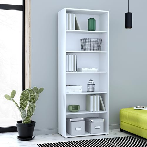 Forte TEMPRA 2 modernes Bücherregal 70 80, Regal mit 5 Einlegeböden, Standregal Büro, weißes Regal, Jugendzimmer, Kinderzimmer, Holzwerkstoff, Weiß, 73,7 cm breit x 197,5 cm hoch x 34,8 cm tief Forte TEMPRA 2 modernes Bücherregal 70 80, Regal mit 5 Einlegeböden, Standregal Büro, weißes Regal, Jugendzimmer, Kinderzimmer, Holzwerkstoff, Weiß, 73,7 cm breit x 197,5 cm hoch x 34,8 cm tief