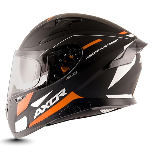 Image of Axor Apex Turbine ISI ECE DOT Certified Full Face Dual Visor Helmet for Men and Women with Pinlock Fitted Outer Clear Visor and Inner Smoke Sun Visor Black Orange Grey Helmet-L