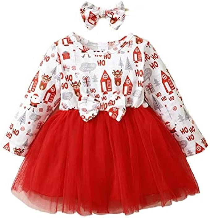 Quenny Girls' Christmas Skirt Baby Baby Letter Deer Print Panel Mesh Poached Princess Skirt Little Girls' New Year Clothing