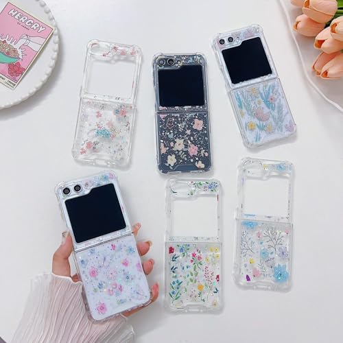 Coque Galaxy Z Flip 5 antichoc étui transparent plastique dur avec paillettes fleurs séchées
