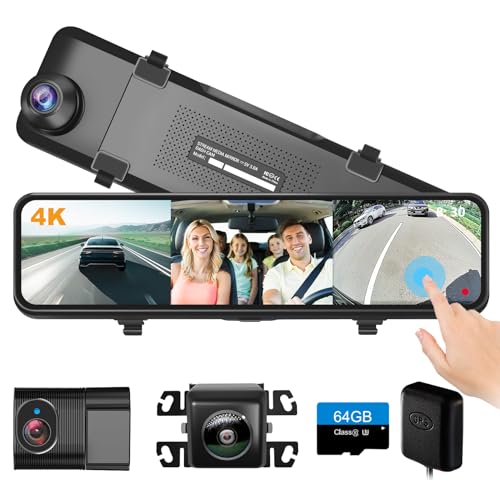 4K 3 Channel Mirror Dash Cam, 11" Triple Rear View Mirror Dash Camera Front Inside Rear with WDR G-Sensor Parking Assistance, with 64GB Card, Waterpro