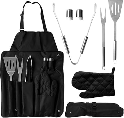 NIYANTA 7 Piece BBQ Tool Kit Set with Apron Oven Gloves & BBQ Tools Multifunctional Barbecue Apron Kitchen Gadget Set Adjustable Cooking Chef for Men Women Home Restaurant