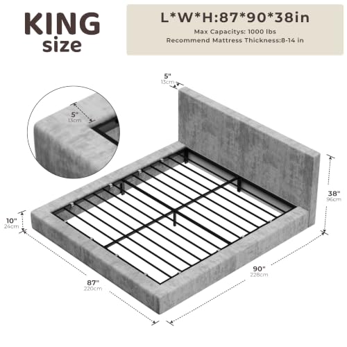 Image of RECCI AirFrame King Size Bed Frame with Headboard, Cloud Upholstered Platform Bed Frame, 5 Inch Foam Cushioned, No Box Spring, Easy Assembly(Moon Grey)