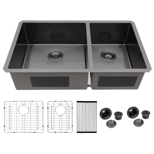 Logmey 33x19 Gunmetal Black Undermount Double Sink - 60/40 Double