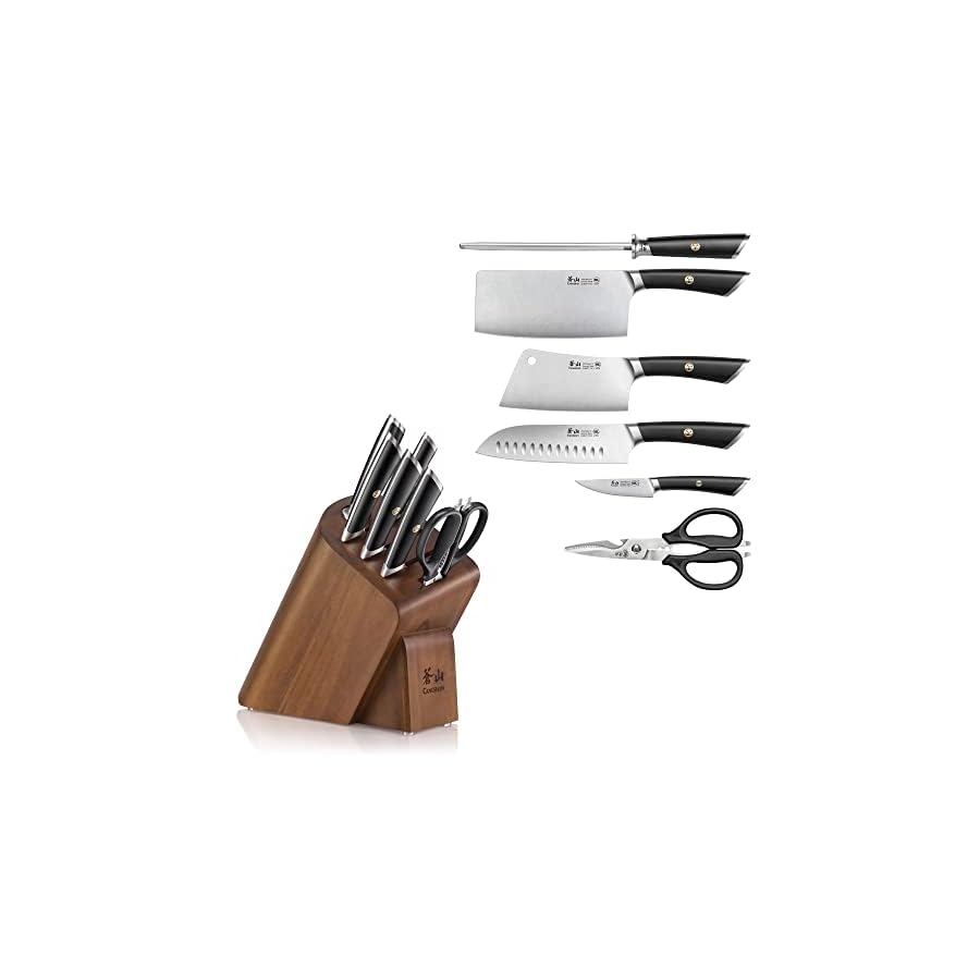 Cangshan ELBERT Series German Steel Forged Cleaver Knife Block Sets, Acacia (7-Piece, Black)