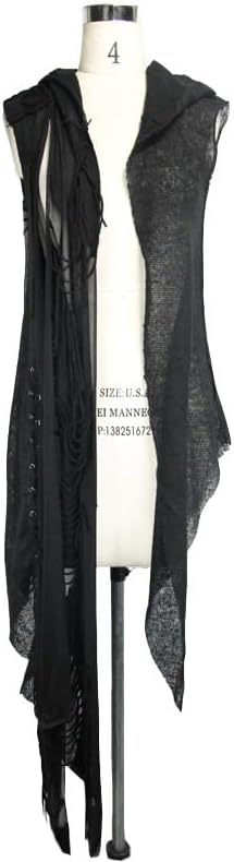 レディースフード付きノースリーブジャケットブラックゴシック風ノースリーブショールメタルリングとフリンジをあしらったアシンメトリーデザ