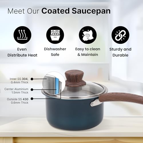 Image of The Better Home Triply Saucepan (16cm, 1.4L) with Lid (Blue) | 2.5mm Thickness | Tea Saucepan | Milk Boiling Pot | Gas & Induction Cookware | Cooking Pot (Blue)