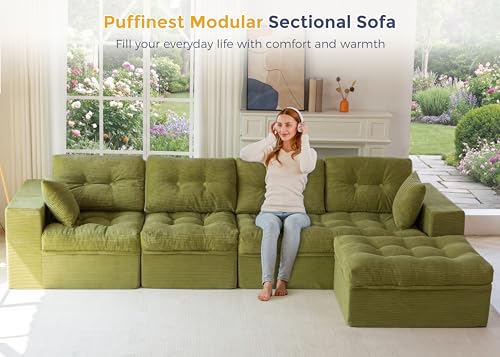 Image of MAXYOYO 132 inch L Shaped Modular Sectional Sofa with Ottoman, Cloud Boneless Couch with Layered Cushion, Upholstered Sofa in a Box, Flexible Module Combination for Living Room, No Assembly, Green