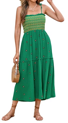 Image of R.Vivimos Womens Summer Cotton Boho Midi Dress 2026 Spaghetti Strap Floral Embroidered Smocked Tiered Flowy Long Dresses