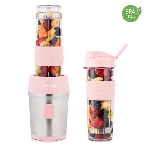 H.Koenig Mini Blender/Smoothie Maker Compact SMOO12, 570 ml, BPA-vrij, 300W, 2 flessen met reisdeksel, 4 roestvrijstalen messen, Pastelroze - Afbeelding 4
