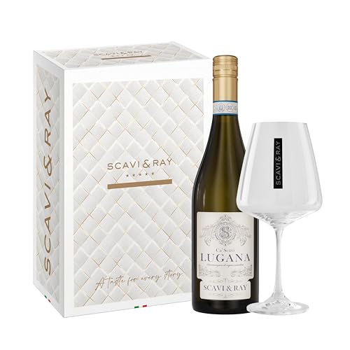 SCAVI & RAY Geschenkset Lugana DOC Weißwein mit Designglas 0 75L trocken 13% Vol. Alkohol Frischer Weißwein aus Italien Elegantes Präsent für Weinliebhaber