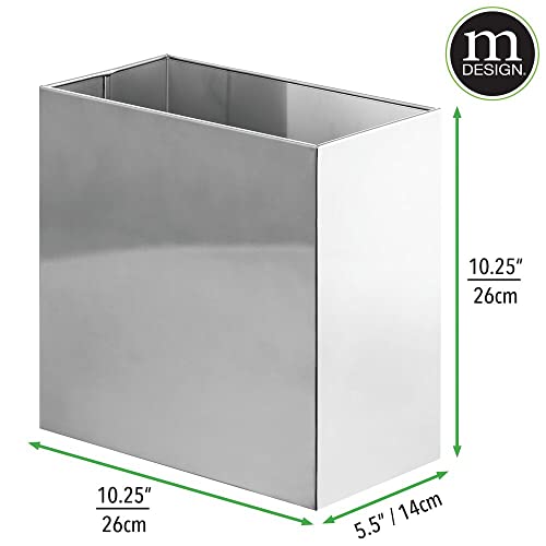 Mdesign Small Steel Rectangular 2.4 Gallon/9.1 Liter Trash Can, Waste Basket For Bathroom, Bedroom, Home Office - Holds Garbage, Recycling, Household Items - Linn Collection - Chrome #TOP2