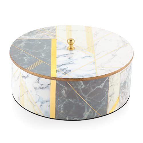 Image of Attro Marble Gold Designer Wooden Lid Box Round Multipurpose Box with Lid for Kitchen Storage Box, Chapati Box, Chocolate Box