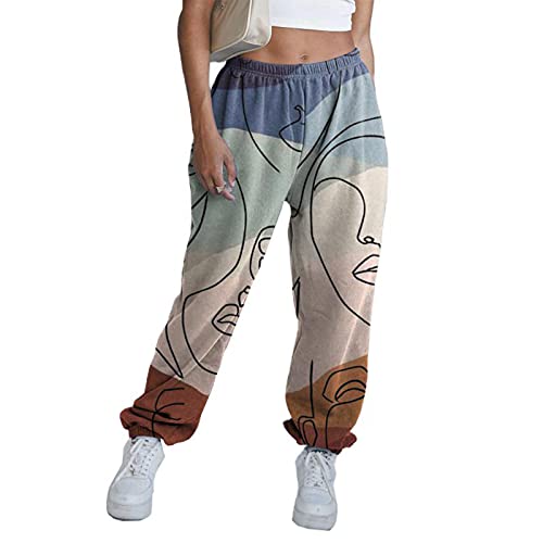 Women's Graffiti Printed Sweatpants Y2K High Waisted Joggers Pants Casual Loose Cinch Bottom Sweatpants with Pockets (Stripe, Small)