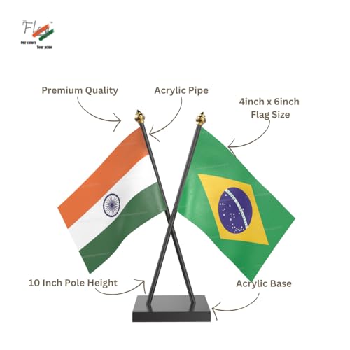 Image of The Flag Company Country Cross Table Desk Flags on Acrylic Base with Poles (Length: 10 inches) | Use for Home & Office,Conference (Brazil)