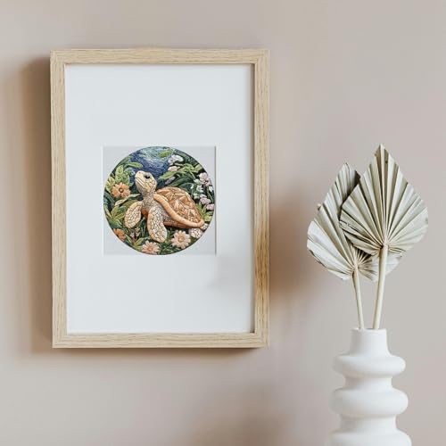 Image of FONNUY Sea Turtle Floral Embroidery Kit, Cross Stitch Kits for Beginners, Handmade Crafts with Printed Patterns for Adults, Easy to Follow Color Thread Needlework, 8'' Hoop (Ocean Journeyer)