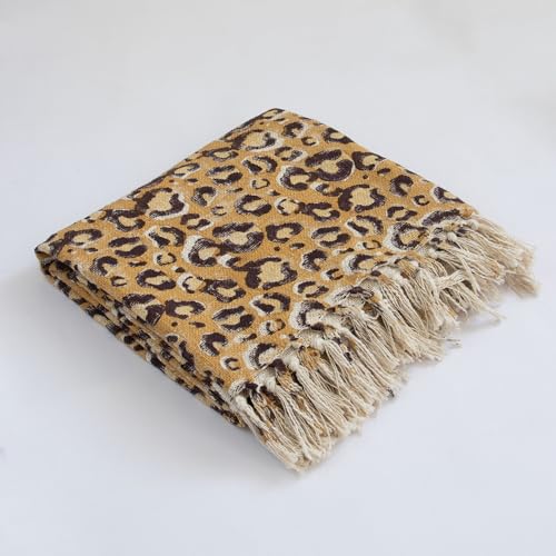 Image of Cotton Sofa Throw Blanket with 2 pcs Cushion Covers Lightweight Decorative Couch & Bed Bagru Print Throws (Pack of 3, Leopard Print)