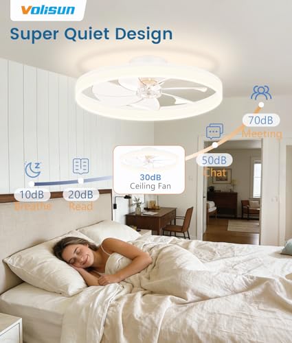 Image of VOLISUN Low Profile Ceiling Fans with Lights and Remote, 27.6in Fandelier Ceiling Fan Flush Mount, 3000K-6500K Smart Bladeless LED Fan Light, White Modern Ceiling Fans with Lights for Bedroom