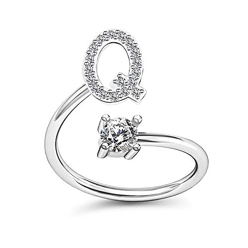 Image of HUJUON Silver Initial Letter Ring for Women. Adjustable Crystal Alphabet Ring,Name Initials Stackable Knuckle Rings A-Z CZ Open Ring