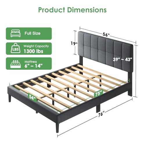 Image of Marsail Full Size Bed Frame with Headboard - Upholstered, Adjustable,6 inch-12 inch Mattress Fit, 1300 lbs Capacity, Sturdy 12-Leg Wood Construction, Easy Assembly, Dark Gray
