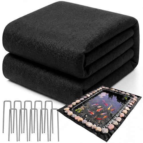 Fanfanwin 10 x 15 ft Pond Liner Underlayment 6oz Heavy Duty Black Non Woven Geotextile Underlayment Fabric with 10 U-pins for Outdoor Pond Streams Fountains Garden Waterfalls Fishpond Weed Barrier