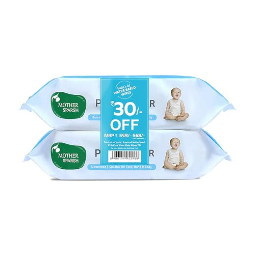 Mother Sparsh 99% Pure Water (Unscented) baby wipes I Natural Plant made cloth - Super thick I 72 pcs/pack - Pack of 2 (Super Saver Pack)