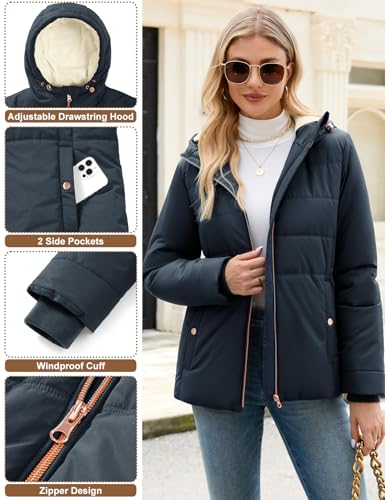 Vancavoo Wintermantel Damen Winterjacke Warm Gefüttert Winterparka Winter Jacket Mäntel Parka Kurzmantel Frauen mit Kapuze,Marineblau,M
