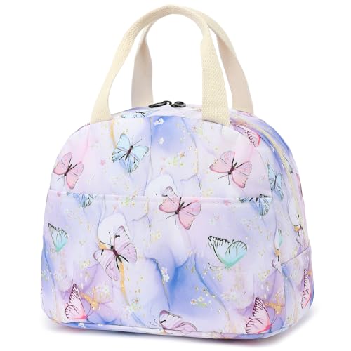 Marble Butterfly Lunch Bag for Women Girls, Insulated Lunch Tote Bags Reusable Lunch Box for Kids Adults School Work Picnic Travel (Purple)