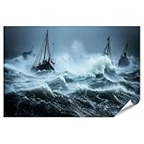 islandburner XXL Bild Poster Schiffe im stürmischen Meer bei Nacht AS für Wohnzimmer Seefahrer Fischrestaurant Premium Bilder Fotodruck