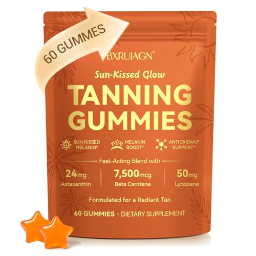 BXRUIAGN Tanning Gummies Sunless Tanning Supplement for Women and Men with Beta Astaxanthin Carotene Lycopene Collagen & Vitamins | Skin Radiance & Hydration | Vegan & Sugar Free - 60 Count